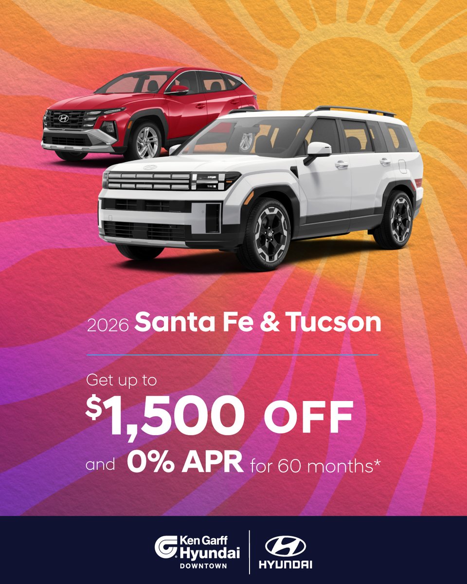 KenGarffHyundai's tweet photo. 🚗✨ Drive home the 2026 Tucson or Santa Fe today! Enjoy $1,500 off + 0% APR for 60 months*! Don’t miss out on these amazing deals!

Shop now: https://t.co/vAwfndMuw4

*See dealer for details. Offer expires 6/30/2026. https://t.co/DzCt98Pf39