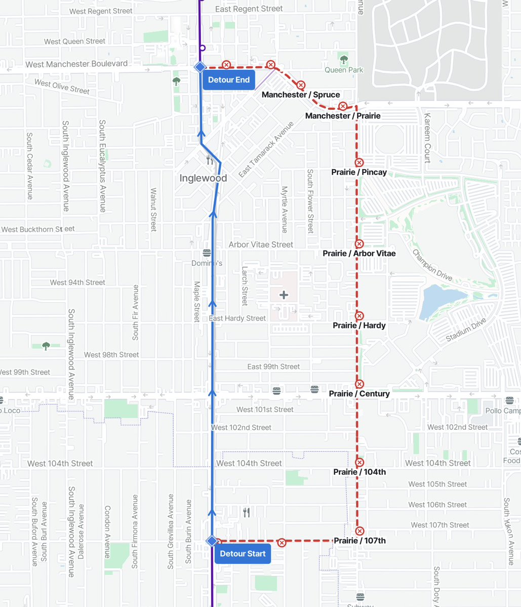 metrolaalerts's tweet photo. LINE 212: On Friday, June 12, from 6 pm to 11 pm, buses in both directions will detour via La Brea between Manchester Blvd and Lennox Blvd due to the FIFA World Cup. 

Stops from Lennox/Hawthorne through Manchester/Market will not be served. See maps below for details. https://t.co/QInMtvZYXo