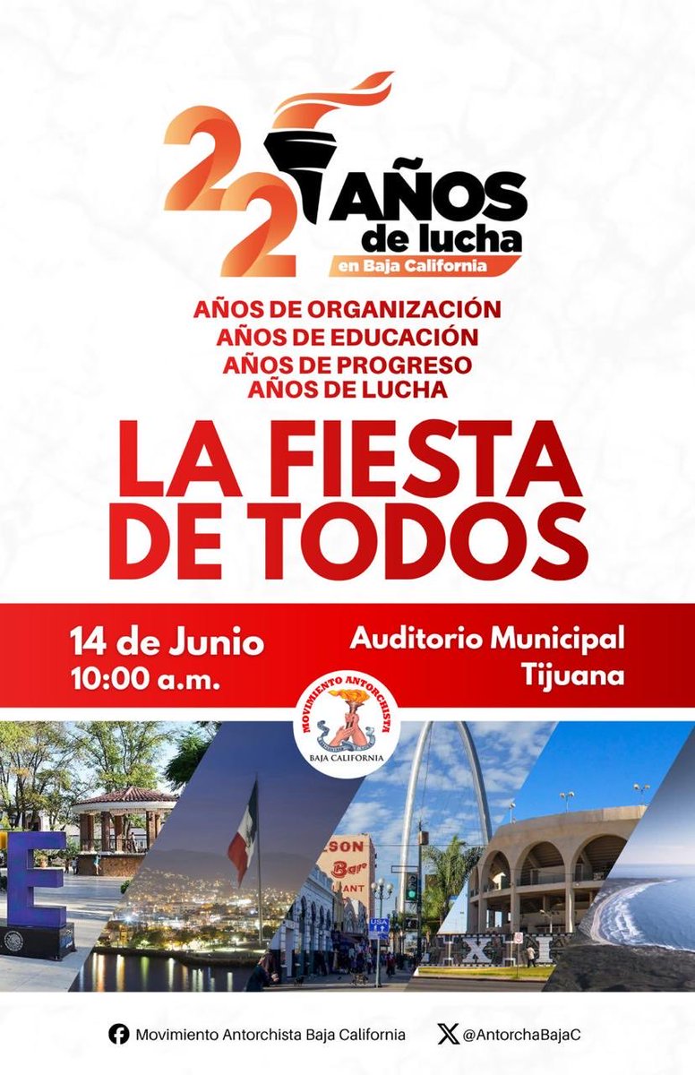HersiliaCM's tweet photo. Este 14 de junio celebremos juntos 22 años de organización, lucha y trabajo en favor del pueblo de Baja California. ¡Te esperamos en el Auditorio Municipal de Tijuana! #22AñosDeAntorchaEnBC https://t.co/osTgJe5C73