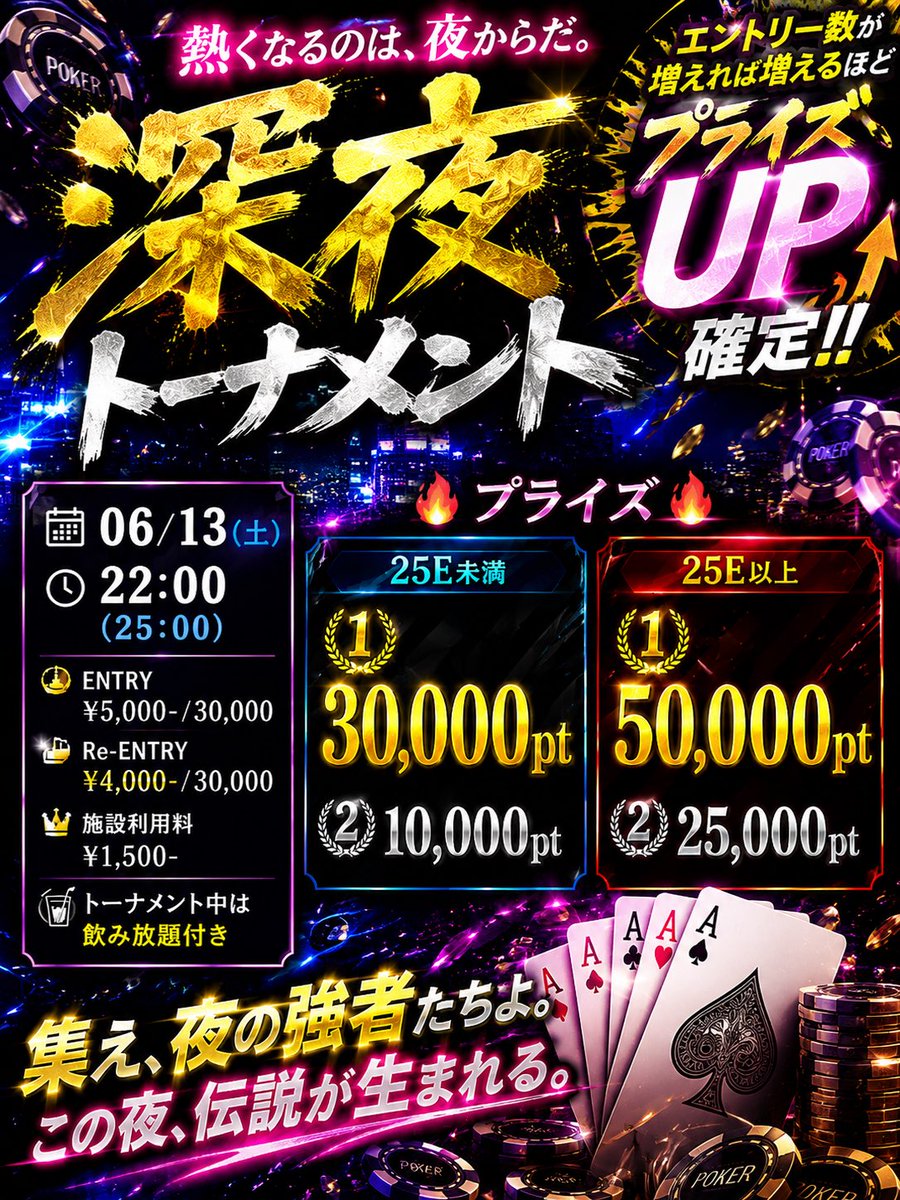 82__Flush's tweet photo. 🗓️０６／１３(土)15時オープン🐝

🕒１５：００~終日ポイントリング
🕕１８：００(２１：００)高額ポイントトナメ
🗣️1位は５０，０００pt‼️
🕚２３：００(２６：００)深夜トーナメント
🗣️エントリー数が増えれば増えるほどプライズ🆙チャンス💫

沢山のご来店お待ちしております🙏👑 https://t.co/K5KL4nlRjP
