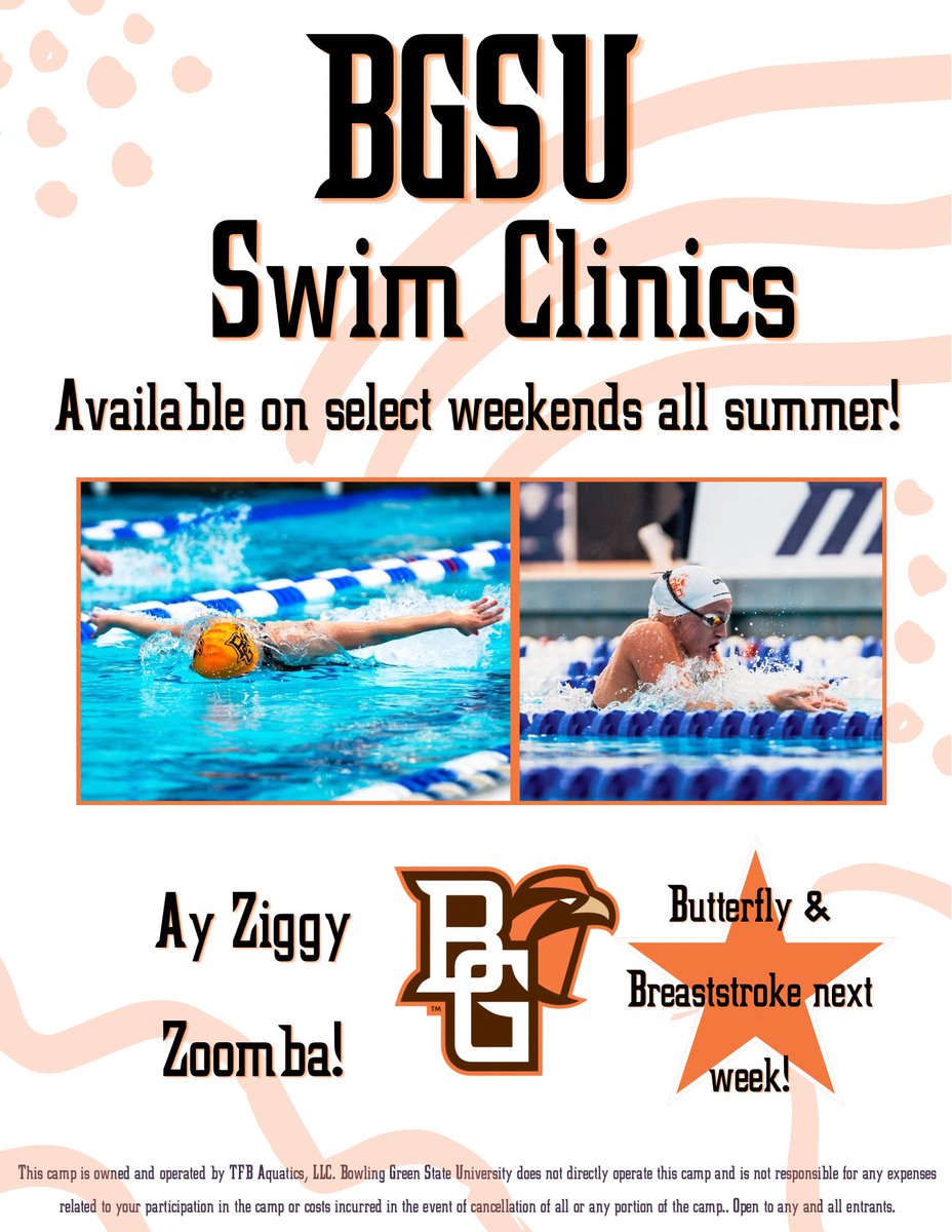 BGSU_SwimDive's tweet photo. We have multiple swim clinics happening this summer! Next Saturday (6/20) weโll be focusing on butterfly and on Sunday (6/21) weโll be working on breaststroke. Sign up today to become #FalconFast! ๐โโ๏ธ๐โโ๏ธ
https://t.co/sOqCiwijMI https://t.co/bogDKf6yna