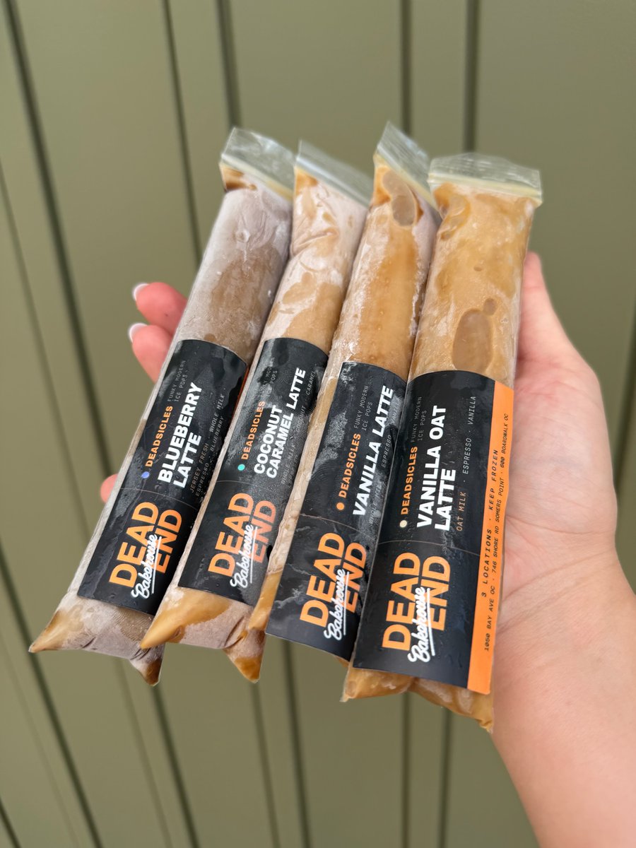 deadendbakehse's tweet photo. Back in the freezer. 🥶 Deadsicles restocked at all 3 spots.

All 5 Deadsicles back at every Dead End:
☕ Vanilla Oat Latte (dairy-free)
🫐 Blueberry Latte (Jersey fresh)
🥥 Coconut Caramel Latte
🍦 Vanilla Latte
🍊 Fresh Squeezed OJ (dairy-free)

🧡 Dead End Bakehouse https://t.co/LcNW86hdP0