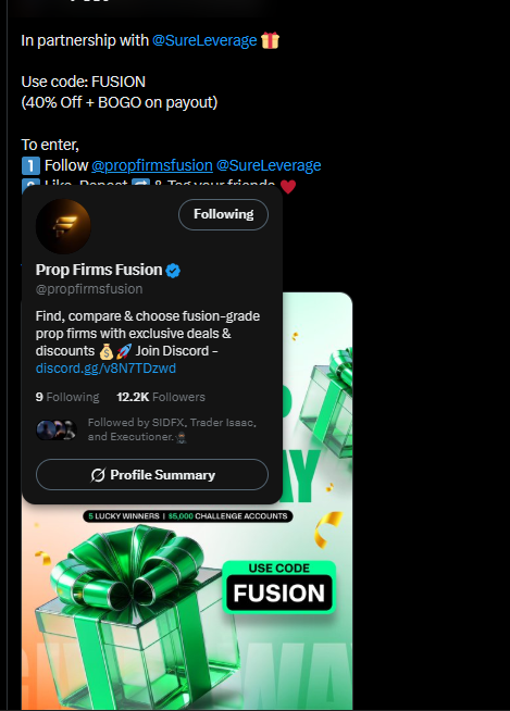Speedz21's tweet photo. @propfirmsfusion @SureLeverage @LUTHERLMS @xy_ysl @Techriztm  all done with notifications turned on and discord followed https://t.co/bver7jIY69
