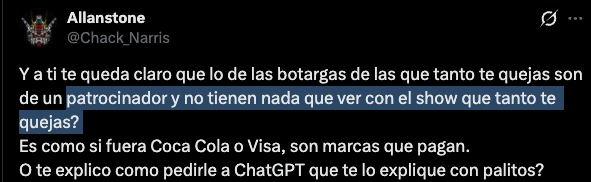 Chack_Narris's tweet photo. @andres1281 @skzworstfan Me da flojera papearte, pero está bien comprendo tu bajo intelecto e ignorancia, ahora pídele a la IA que te diga quien escoge a los patrocinadores, que nunca me contestaste, ahí es donde te cerré el hocico pero dale, comenta "claro que sí campeón" si ya no tienes argumentos. https://t.co/WsRZQTPZbR