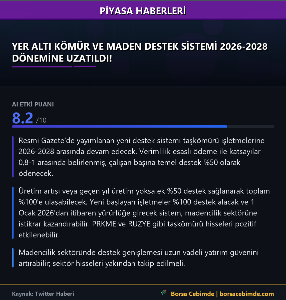 BorsaCebimde's tweet photo. 📰 YER ALTI KÖMÜR VE MADEN DESTEK SİSTEMİ 2026-2028 DÖNEMİNE UZATILDI!

🔴 Resmi Gazete'de yayımlanan yeni destek sistemi taşkömürü işletmelerine 2026-2028 arasında devam edecek. Verimlilik esaslı ödeme ile katsayılar 0,8-1 arasında belirlenmiş, çalışan başına temel destek %50 olarak ödenecek.

📊 AI etki puanı + detaylı analiz görselde 👇 · #Madencilik #Devlet