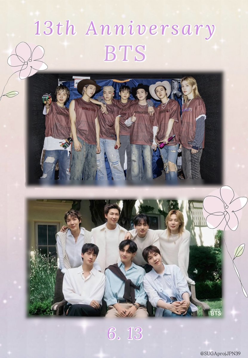 SUGAprojJPN39's tweet photo. デビュー13周年おめでとうございます🎉

7人で歩み続けてきてくれて本当にありがとう
誠実で温かな音楽と心が､世界中に希望と笑顔と癒しを届けてくれています
どんな時も深い愛をありがとう
BTS x ARMY💜
これからも最高の7방탄とともに歳を重ねながら､たくさんの思い出を作っていけますように🍀🌈

#2026BTSFESTA
#BTS13thAnniversary
#아포방포 #방탄소년단 #BTS @BTS_twt