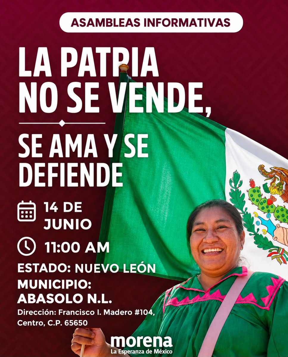 Judith_Diaz's tweet photo. Mañana te esperamos en las Asambleas en Defensa de la Soberanía Nacional en distintos municipios de Nuevo León. Participa, infórmate y sumemos esfuerzos por un México fuerte y soberano. 🫶🏻

#JudithDíaz #Asambleas #SoberaníaNacional #NuevoLeón https://t.co/GJbtqzBkg3