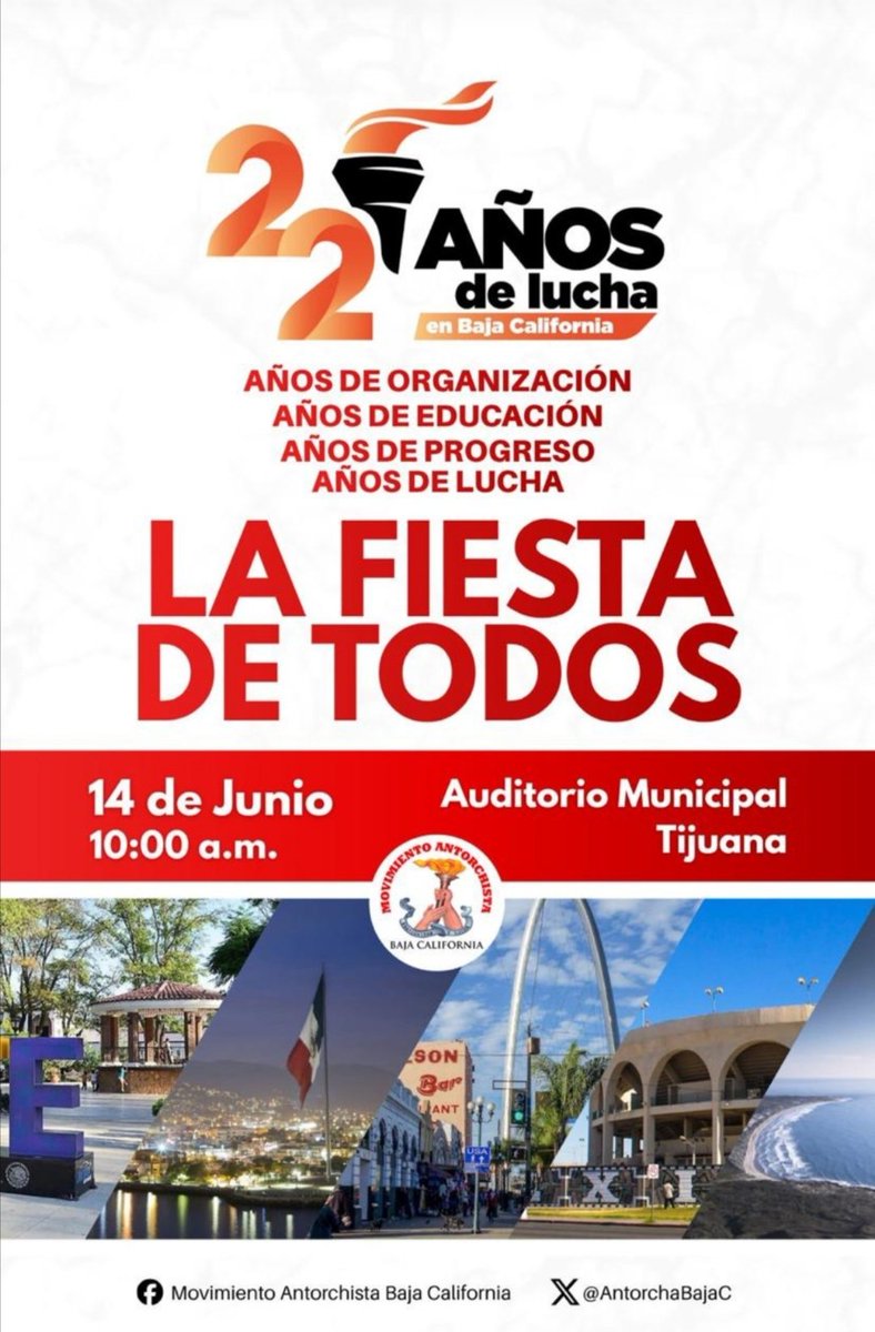 Angi81420719's tweet photo. aniversario del Movimiento Antorchista en Baja California, se llevará a cabo el domingo 14 de Junio del 2026 en el auditorio municipal de Tijuana
#22AñosDeAntorchaEnBC https://t.co/cLG6arGz6F