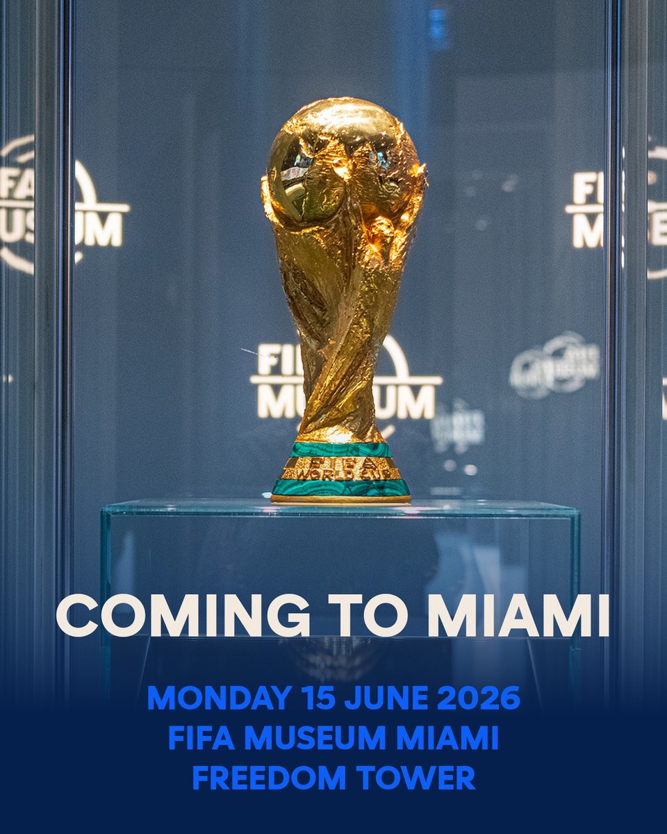 FIFAMuseum's tweet photo. The FIFA World Cup Original Trophy is coming to Miami 🏆🤩

📅 Monday, 15 June 2026
📍 FIFA Museum exhibition “Unidad – The World’s Game” at the Freedom Tower
🚶 Within walking distance of the FIFA Fan Festival™ at Bayfront Park
🎟️ Admission is free

Don’t miss this unique chance to experience the most coveted prize in world football up close 👀 

All details here 👉 https://t.co/nKa9pmNz3T