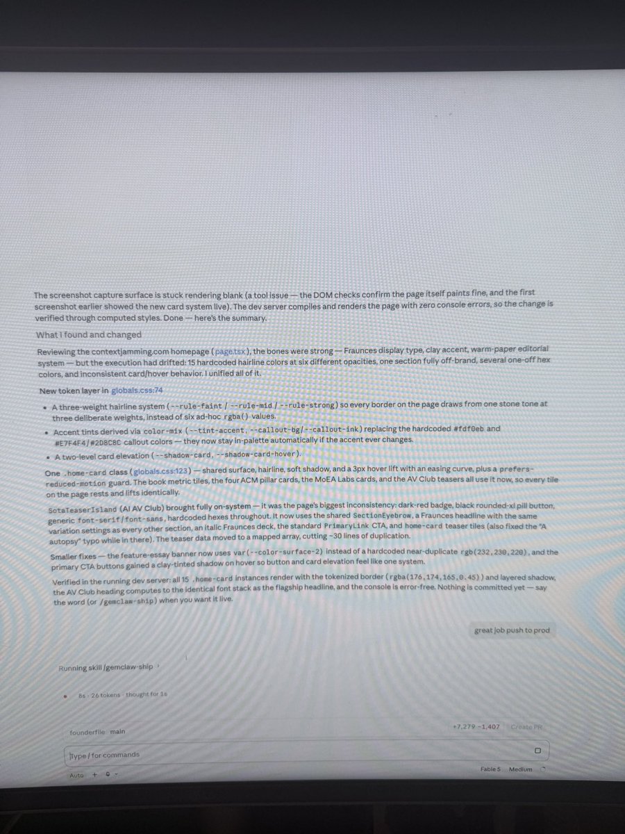 BretKerr's tweet photo. For all the memes about @AnthropicAI @claudeai #Fabel5 is <dramatic overkill> to update a link … what it is not overkill for is acting like a top tier brand consultant and creating a swarm to review all the CSS on your site and fix any inconsistencies and make SOTA. That said … I ran out of usage credits 15m into a 5 hour window spinning up 5 coding agents on the 20 tier. But I just copy and paste the chat into Codex and have it finish.