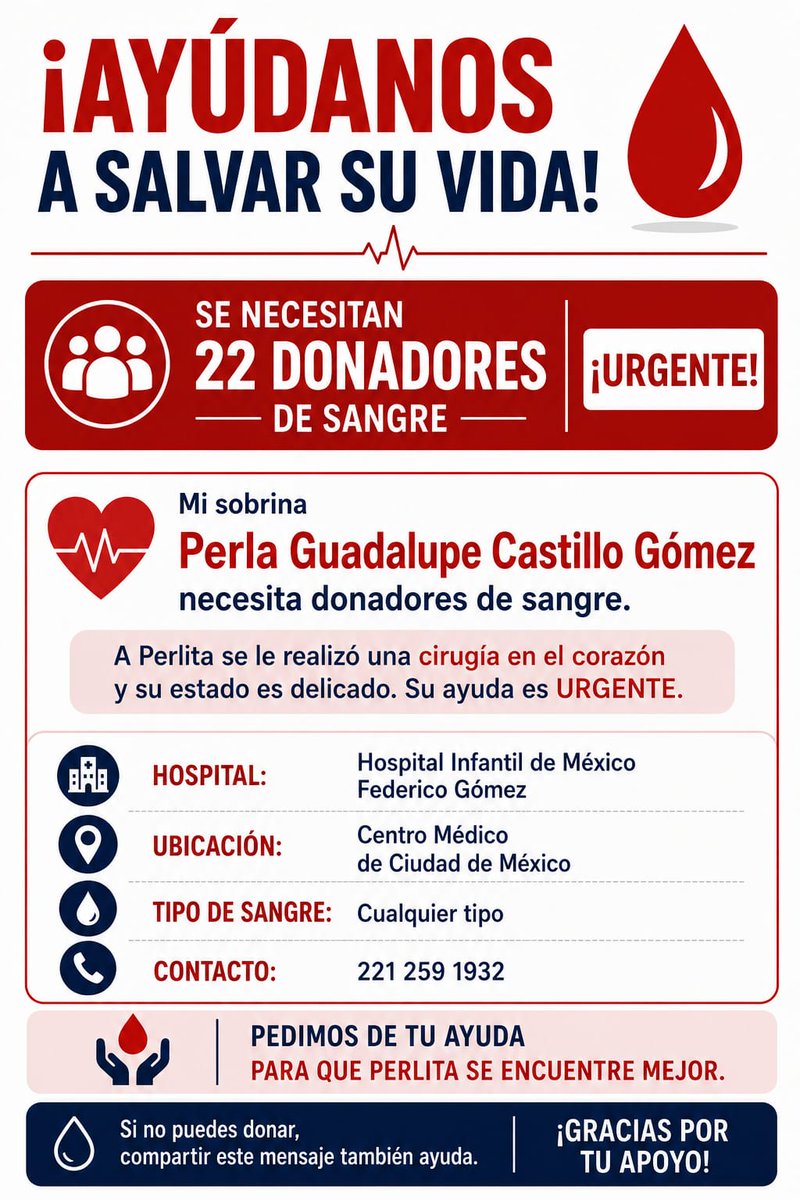 PueblaenLinea's tweet photo. 🚨❤️‍🩹 ¡Hoy Perla Guadalupe Castillo Gómez necesita de todos nosotros!

Tras una cirugía de corazón, se están buscando donantes de sangre para apoyarla en su recuperación. 🩸🙏

No cuesta nada compartir, pero para alguien puede significar muchísimo. 📲💙 ¡Hagamos que esta publicación llegue lejos!

#AyudemosAPerla #DonadoresDeSangre #Puebla #Comparte #HazLaDiferencia #Solidaridad