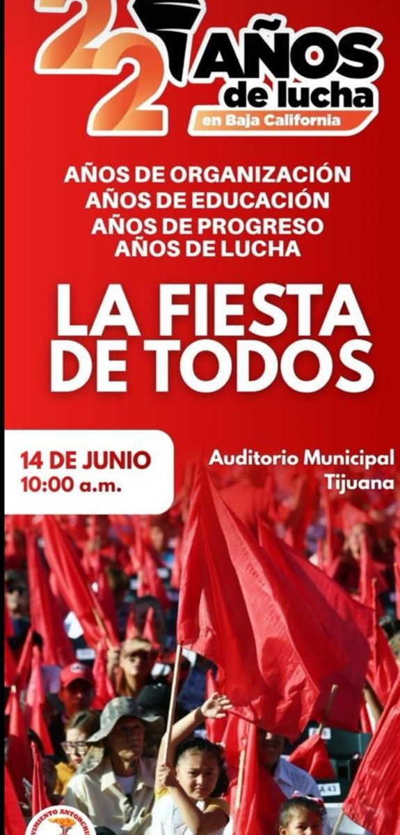 Angi81420719's tweet photo. 1.Este 14 de junio, el Movimiento Antorchista celebrará su 22 aniversario en Baja California con un gran evento en el Auditorio Municipal de Tijuana
#22AñosDeAntorchaEnBC https://t.co/sQkcaTaVxK