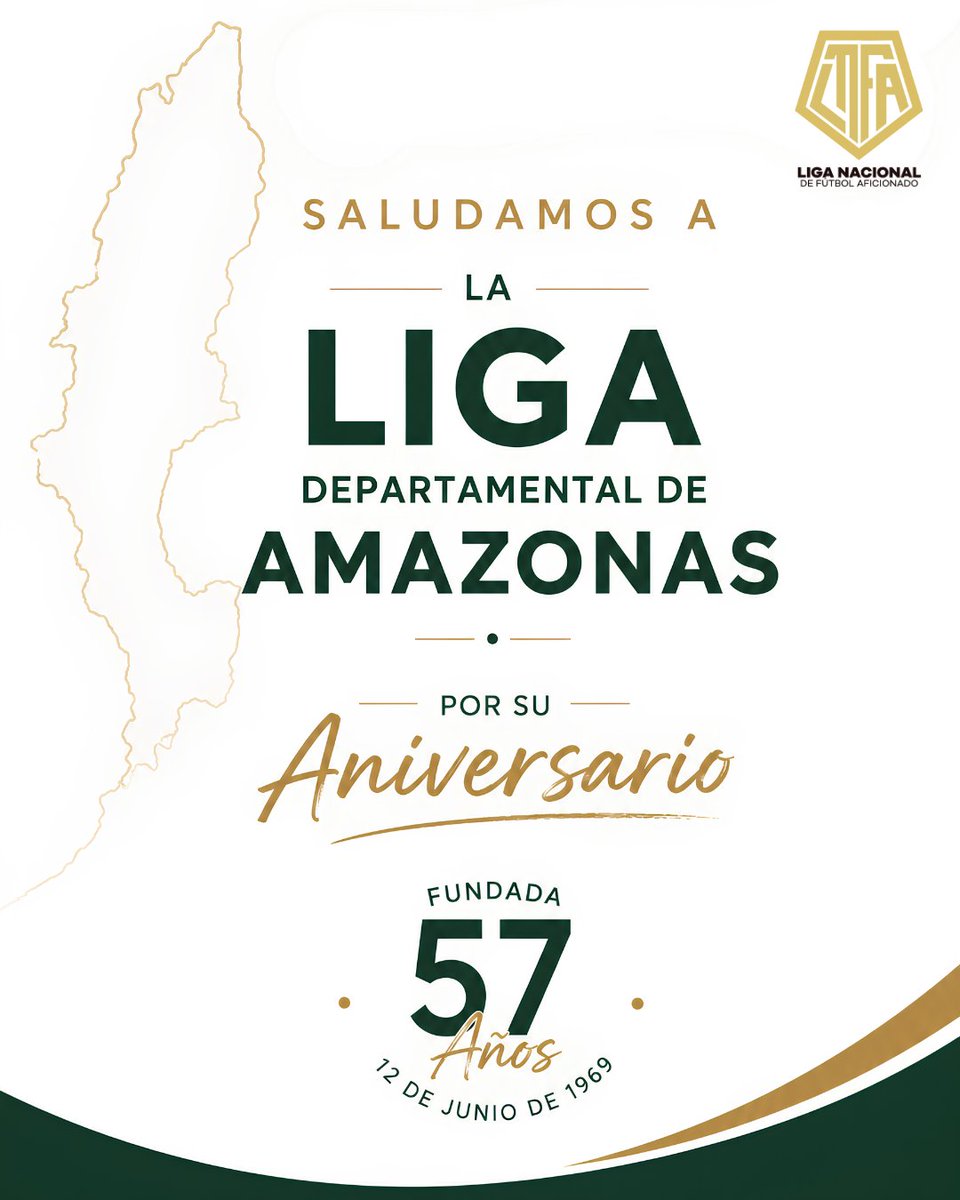 linfa_fpf's tweet photo. 🎉 La Liga Nacional de Fútbol Aficionado saluda a la Liga Departamental de Amazonas por su 57.º aniversario institucional.

Reconocemos su valiosa trayectoria y compromiso con el desarrollo del fútbol, promoviendo el deporte y sus valores en cada rincón de la región. https://t.co/3qC7DAzOa6