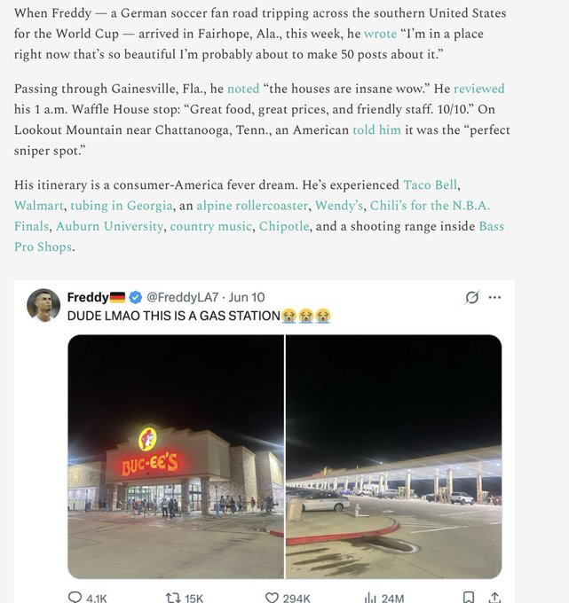 RichardHanania's tweet photo. Europeans coming to America for the World Cup are shocked by our prosperity.  

A German guy has his mind blown by Buc-ee’s.  A Swedish woman is amazed by ranch dressing, says it's "like crack." 

She claims that the internet on a plane flying over the Rockies is faster than what she has at home.  

She declares “The U.S.A. has completely radicalized me within 48 hours.”

Americans can romanticize Europe all they want.   

But it's good to have a higher standard of living.   

And we do, thanks to freer markets and mass migration.

🇺🇸