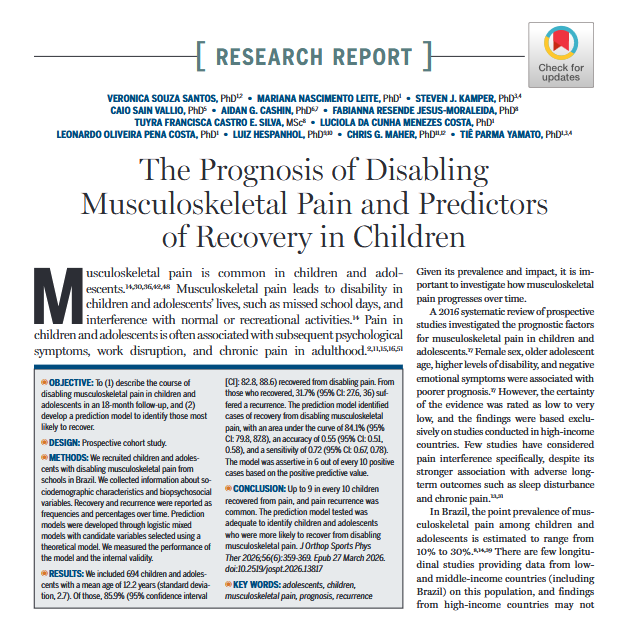 JOSPT's tweet photo. Our June #ResearchReport authors used a prospective cohort study design to evaluate the predictors of disabling musculoskeletal pain in children, and then built their own #PredictionModel
See how their model performed 👉 https://t.co/35mCqIZYSm
#yourJOSPT #MSK #Pain #Kids https://t.co/1eTlTSayIj