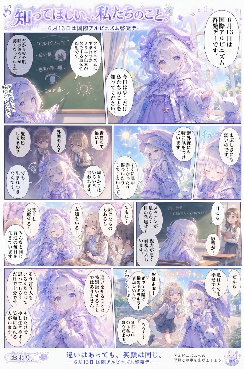 not_elegant_spy's tweet photo. #6月13日 #国際アルビニズム啓発デー

【前置き】
この投稿では「アルビノ」という表現を使用しています。
人によって受け取り方はさまざまだと思いますが、私は当事者の方から「自分はアルビノです」とお話しいただいたこともあり、本投稿ではこの言葉を使わせていただいています。
誰かを傷つけたり、呼称を決めつけたりする意図はなく、アルビニズムへの理解が少しでも広がればという思いで発信しています。
それでももし、不快に思われてしまった方がおりましたら、申し訳ございません。
一介の小物で、道端の小石なのだと思ってください。

そんなわけで、知人にアルビノの方がいます。
その方からさまざまなお話を伺いましたが、やはり当事者ではない私たちが、その苦労や思いを本当の意味で理解することは簡単ではないのだと感じています。

それでも、漫画の最後に書いた「知ってもらうだけでも助かる」という言葉を聞いたとき、少し肩の力が抜けたような気がしました。

全世界のアルビノの方々に対して、私一人にできることは限られているかもしれません。
けれど、こうして知るきっかけや考えるきっかけを発信することには、きっと意味があるのだと思います。

知らないままでは気付けないことがあります。
だからこそ、「知る」ということは大切なのですね。