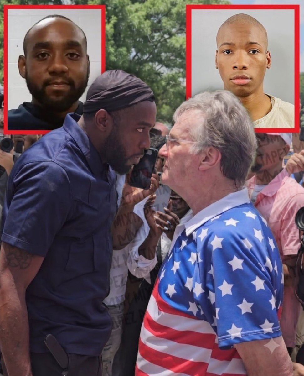 TrumpGirlLove's tweet photo. This clown got arrested.
Durag thug Jerome Parker Winston, bearded idiot in the blue shirt, got cuffed right after screaming in the old American flag vet’s face outside court.
Armed feral trash supporting the stabber. Finally locked up. https://t.co/lSZ10DkqI1