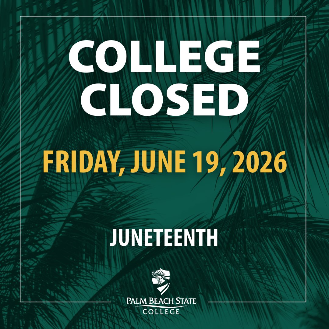 PBStateCollege's tweet photo. Palm Beach State College will be closed Friday, June 19, 2026, in observance of Juneteenth. No classes are scheduled.

For class schedules and important dates, check the Academic Calendar: https://t.co/EUbfc1vK54

#MyPBSC https://t.co/Q1UHsLGYKy
