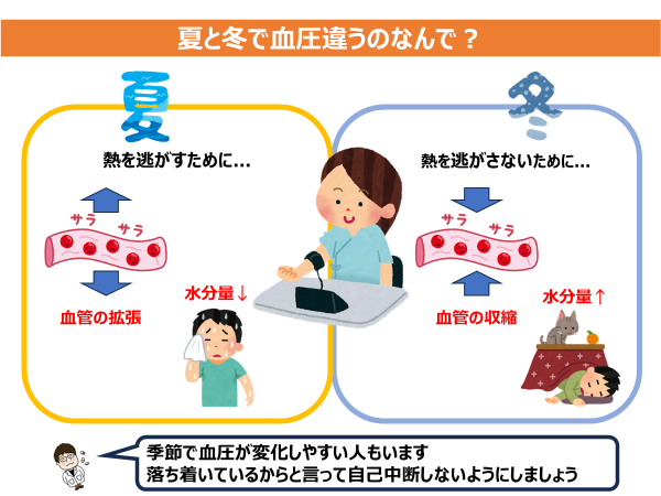 pharmacistT89's tweet photo. 【血圧は季節で変化🌸🌻🍂❄️】
熱くなってきたら血圧が下がることがあります

🔸春～夏：血圧低下↘
🔸秋～冬：血圧上昇↗

季節の変わり目で薬を減らしたり、増やしたりすることがあります。血圧落ち着いてきたからと言って『自己中断』しないでください💁 https://t.co/8lLfgl6Lpp