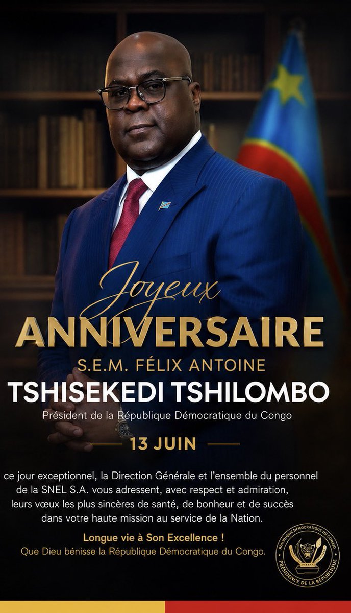 LwambaTeddy's tweet photo. En ce jour exceptionnel, la Direction Générale et l'ensemble du personnel de la SNEL S.A. vous adressent, avec respect et admiration, leurs vœux les plus sincères de santé, de bonheur et de succès dans votre haute mission au service de la Nation.

Longue vie à Son Excellence !
Que Dieu bénisse la République Démocratique du Congo.

@Presidence_RDC @PrimatureRDC @DeniseNyakeru @PatrickMuyaya @ted_lwamba @IsralMutombo11 @TopCongo @SuminwaJudith