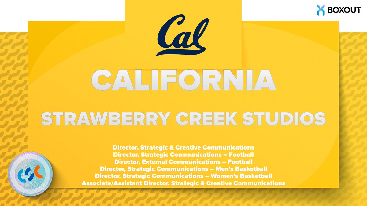 CSCcareers's tweet photo. 🚨JOB POSTINGS🚨
@CalAthletics 
(University of California / Strawberry Creek Studios) 
🚨HIRING Multiple Positions🚨
https://t.co/ynboOakUfA https://t.co/6qTYpKpQ8q