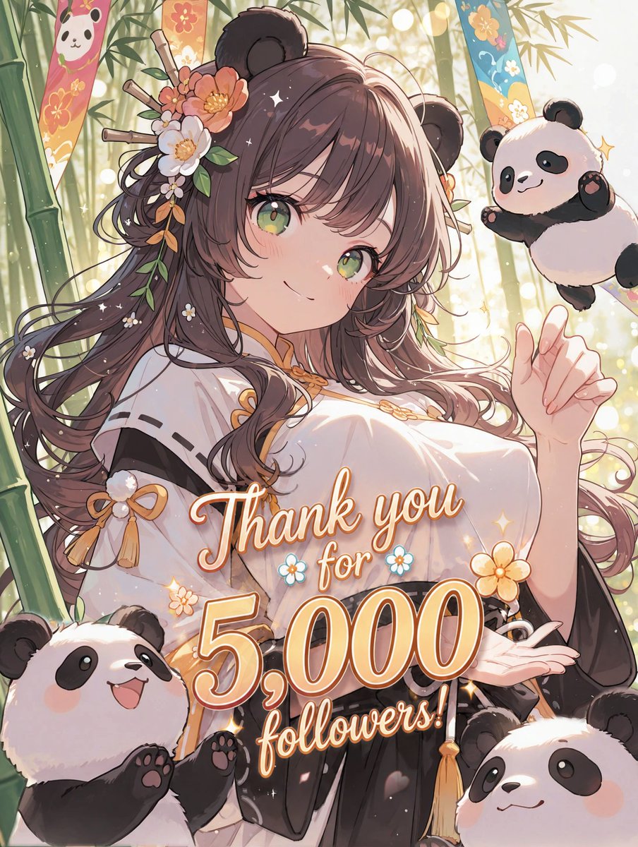 Kn3_1ab's tweet photo. 【❣️初企画🐼🧟‍♀️❣️】
#AIふわふわパンダ祭り

おはようございますっ☀️
私事ですが、フォロワー様5000人を達成することができましたっ！✨

2ヶ月台‼️✨本当にありがとうございます、皆様のおかげです‼️でも私もえらいぞっ‼️3月までデスクトップPCすらなかったんだ‼️人に恵まれた前提ですが私もがんばった‼️🤗💕

お祝いするの、1500達成以来本垢は皆無なので、今回だけ、盛大に甘えてもいいですか…？＞＜🙏✨
初企画【#AIふわふわパンダ祭り】を開催したいです！🐼💕

🩷私に大好きなパンダをください、お願いします‼️‼️🐼🐼🐼🩷

【参加方法】
#AIふわふわパンダ祭り
のタグをつけてイラストを投稿🐼
ポストの引用は任意です！（どのポストの引用でも、タグだけでもひたすら有難いので気軽に！）
何枚でも、誰でも大歓迎です✨

衣装でもパンダを抱っこでも、作品内にパンダの要素があればなんでも🆗🙆🏻‍♀️ ̖́-
背景が竹林だけとかでも喜ぶ自信がある！ 🎍🐼🎋

昨日公開した衣装プロンプト：パンダキョンシーを利用していただいた場合、大分熱を込めた感想が送られてきます。🐼🧟‍♀️

今回は二次創作不可。🔞NSFWは通常RPではなく引用でご紹介させていただきます！

アカウント作りたてだったりで表示されない可能性ある方は、申し訳ないのですが投稿後一言こちらにコメントいただけると幸いです！

【開催期間】
今から～06/15 朝06:00まで☀

初企画、不安でいっぱいなので、参加していただけたら泣いて喜びます！💦

至らないところもあるとは思いますが、参加作品には全部心を込めてお礼に伺わせていきますので、ご都合がよければどうか！🙇‍♂️ご参加よろしくお願いしますっ！🐼💕
