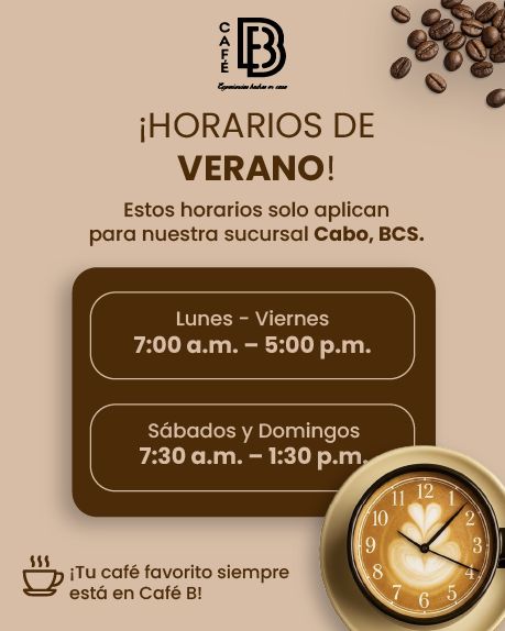 CafeBMx's tweet photo. ☀️ ¡El verano ya llegó a Café B! ☕🌴

Para que sigas disfrutando de tus bebidas favoritas durante esta temporada, hemos actualizado nuestros horarios exclusivamente para nuestra sucursal de Cabo, BCS. Toma nota para tu próxima visita:

¡Pasa por tu café favorito a Café B! ☕🤎 https://t.co/ZFpkJHs5Z0