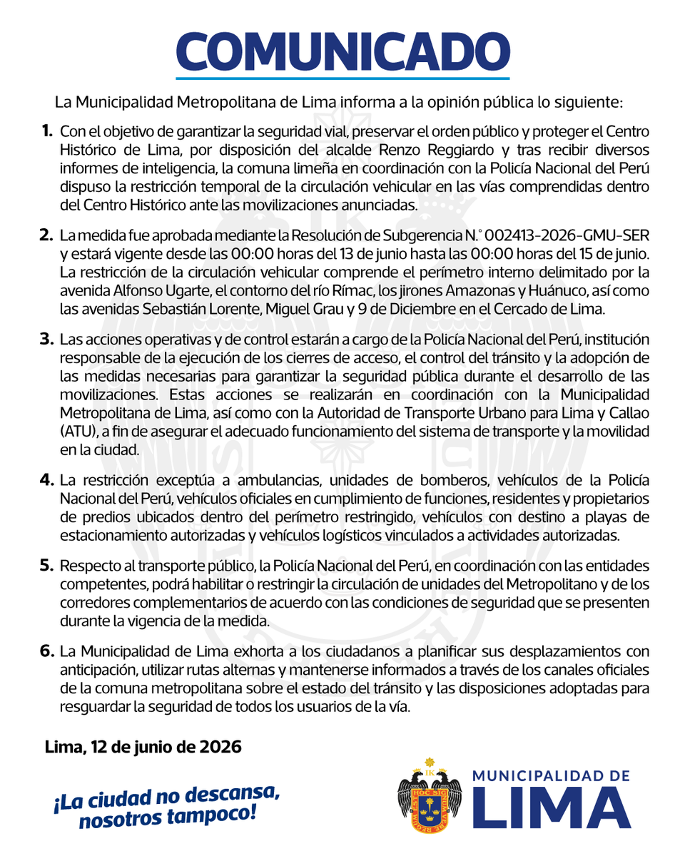 MuniLima's tweet photo. 🔴 #Comunicado | La Municipalidad Metropolitana de Lima pone en conocimiento de la opinión pública lo siguiente: https://t.co/IY11gSWlxE