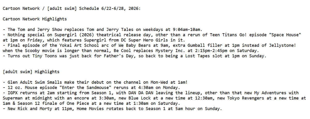 BFBBBroReturns's tweet photo. Cartoon Network / [adult swim] Schedule 6/22-6/28, 2026: https://t.co/4sFyPD2HKp