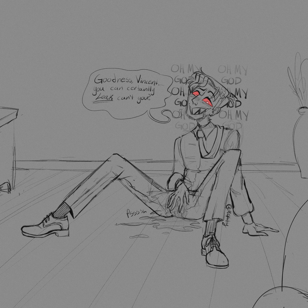 mephitty's tweet photo. did someone say possessed business man pissing himself? (me, i did). anyways, here we have vincent giving demon al his body for a bit of fun in the office~

CW⚠️ for piss &amp; possession 

#omorashi #pisskink #piss #alvox #alastor #vincentwhittman #radiocult https://t.co/Ai6m8Cser5