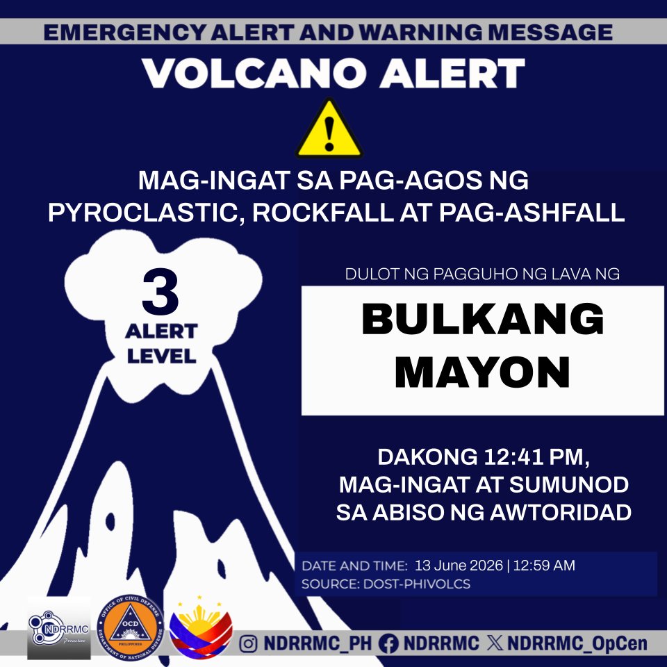 NDRRMC_OpCen's tweet photo. Maging alerto, lalawigan ng #Albay!
NDRRMC (12:59PM,13June26) Mag-ingat sa pag-agos ng pyroclastic, rockfall at pag-ashfall dulot ng pagguho ng lava ng Bulkang Mayon dakong 12:41PM.
#NDRRMC
#BawatSegundoMahalaga
#MayonVolcano https://t.co/eCeUUQsIig