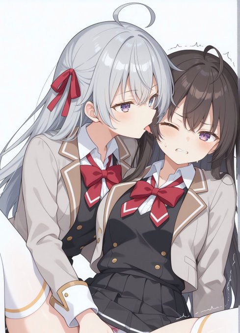 Wonderful love and friendship Shy junior completely melting from her silver-haired senpai's sweet affection SFW Wholesome Yuri Illustration