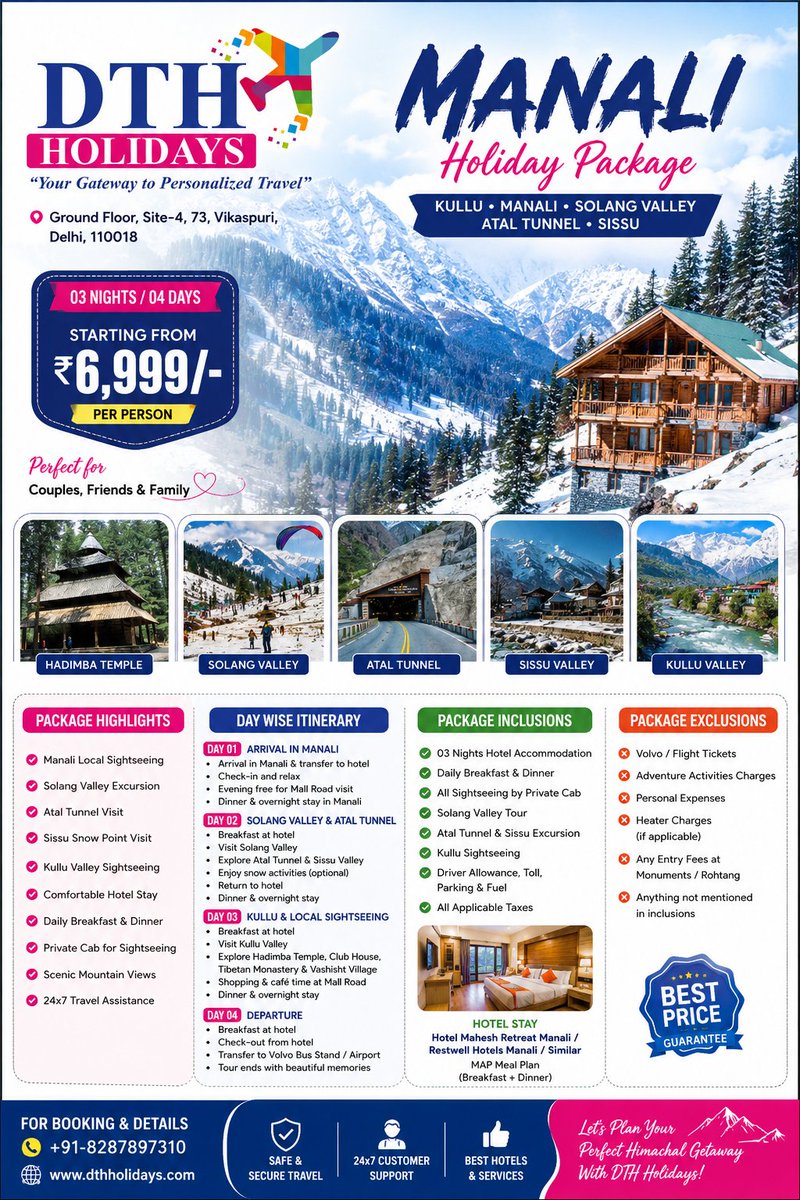 Digitaltradehu1's tweet photo. 🏔️ Escape to Manali with DTH Holidays!

✨ 3N/4D Package
📍 Manali • Solang Valley • Atal Tunnel • Sissu • Kullu
🍽️ Breakfast & Dinner
🚖 Sightseeing Included
💰 Starting at ₹6,999 Per Person
📞 +91-8287897310
🌐 https://t.co/5NwjZrxiXD
#Manali #HimachalPradesh #TravelAgencyInVikaspuri #DTHHolidays #ManaliTourPackage