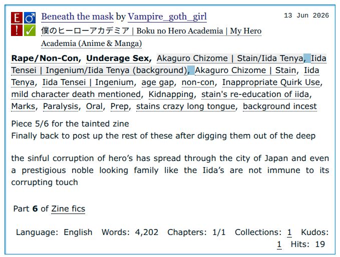 rosietoes_AD's tweet photo. Hey y'all! I know it's been a long time but I wanted to share two fics that were recently added to the collection by our very own @vampiregothgir1 

Please mind all tags before reading!

SHIPS: Stain/Iida (left) ➕ Mirio/Eri + past Chisaki/Eri (right)

🔗 in replies https://t.co/sOybQzE6XA