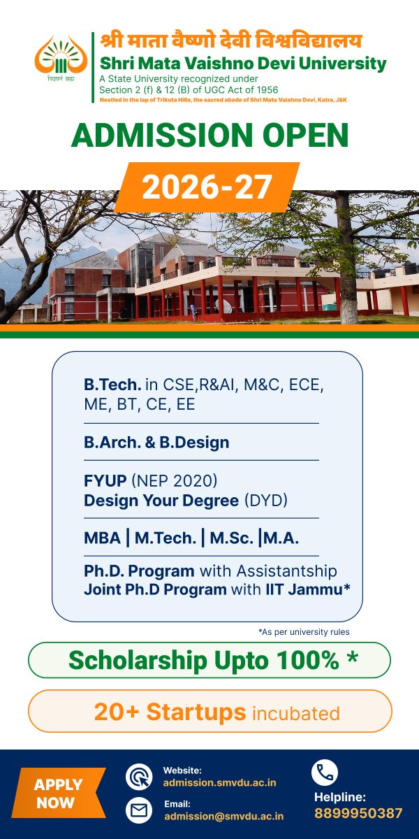 smvduofficial's tweet photo. #Admissions2026_27
#AdmissionAlert
#FutureAtSMVDU
#EducationForFuture
#students https://t.co/r33h3eFGNR