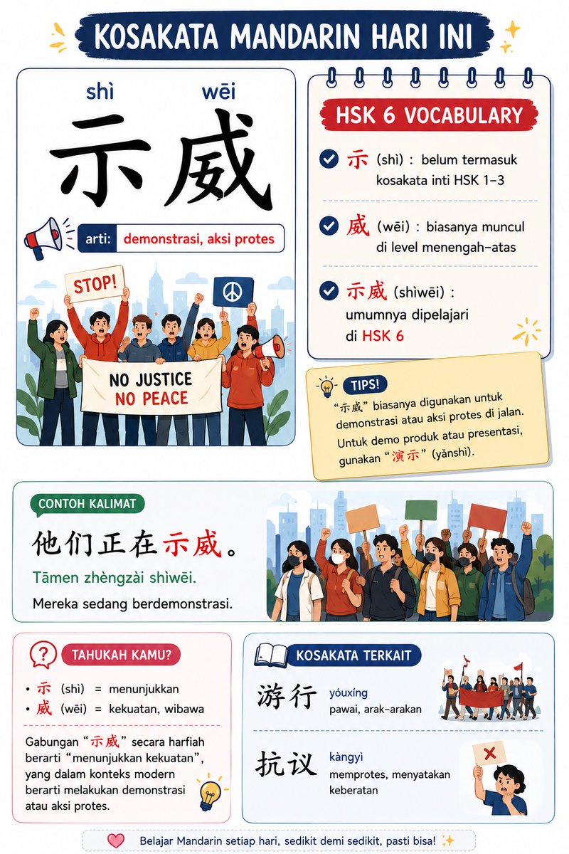 neeurosxience's tweet photo. ✨NEW HANZI : 示威! ✨

🔥 示威 (shì wēi) — Demonstrasi / Aksi Protes

Kemarin (12/06), ribuan mahasiswa turun ke Bundaran HI untuk unjuk rasa, aksi 示威 yang mereka lakukan tentu untuk menyuarakan tuntutan penurunan harga BBM, stop pemborosan, dan perbaikan ekonomi.

Contoh penggunaan 示威 dalam kalimat:

他们正在示威。
Tāmen zhèngzài shìwēi.

= Mereka sedang berdemonstrasi.

#easymandarin #seharisehanzi