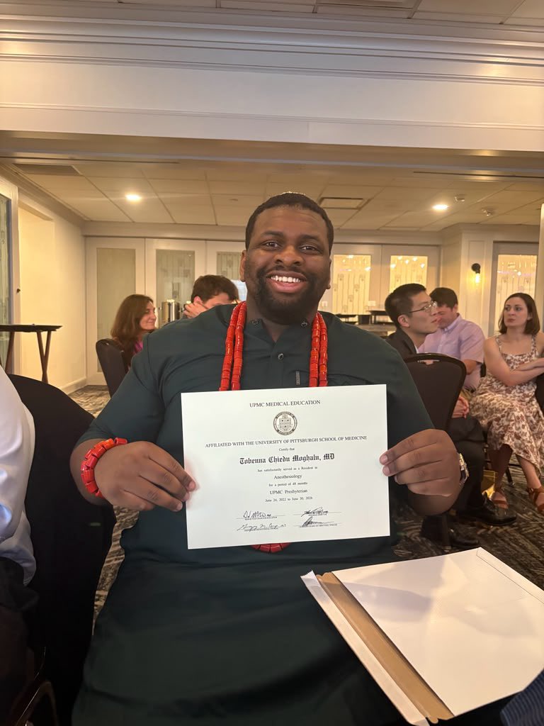MoghaluKingsley's tweet photo. So proud of my beloved son @TMoghalu as he graduated today from his 4-year medical residency program in Anesthesiology at University of Pittsburgh Medical Center @UPMC ! A long, tough journey: @UPMC is one of America’s top medical schools, and Tobenna was admitted to his graduating class of 20 students from 2,000 applicants, of which 200 applicants were interviewed - top 1% of applicants. We are so proud of you Tobenna, and so grateful to God for your achievement. 12 long years of study to get here: 4-year first degree in neuroscience, 4-year Doctor of Medicine (MD) degree (medicine is a graduate degree in the United States), and 4 years of residency training for Anesthesia specialization. “T-Doc”, you’ve earned your stripes, man!