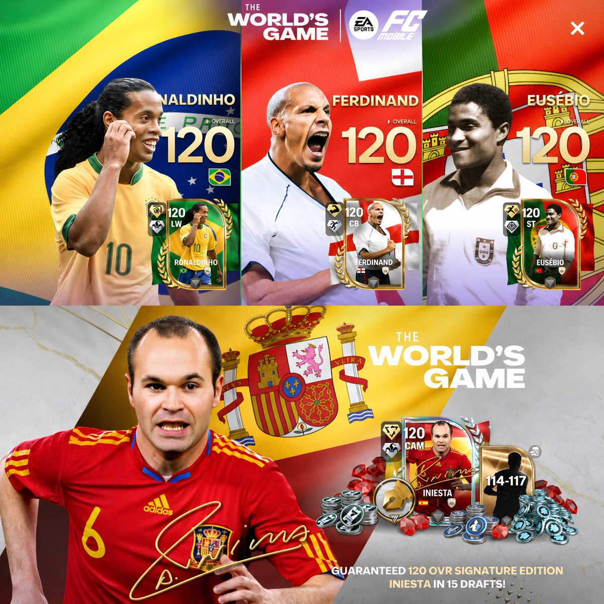 PhanMinhHauFFM's tweet photo. 🎁 The TWG Box Iniesta is now available alongside Pool A legends:

🇧🇷 Ronaldinho 120
🏴󠁧󠁢󠁥󠁮󠁧󠁿 Rio Ferdinand 120
🇵🇹 Eusébio 120

This might be your chance to hit the jackpot 🤯

Who are you hoping to pull?

❤️ Ronaldinho
😮 Eusébio
💪 Ferdinand
🎩 Iniesta

Drop your pick below and test your luck 

#FCMOBILE