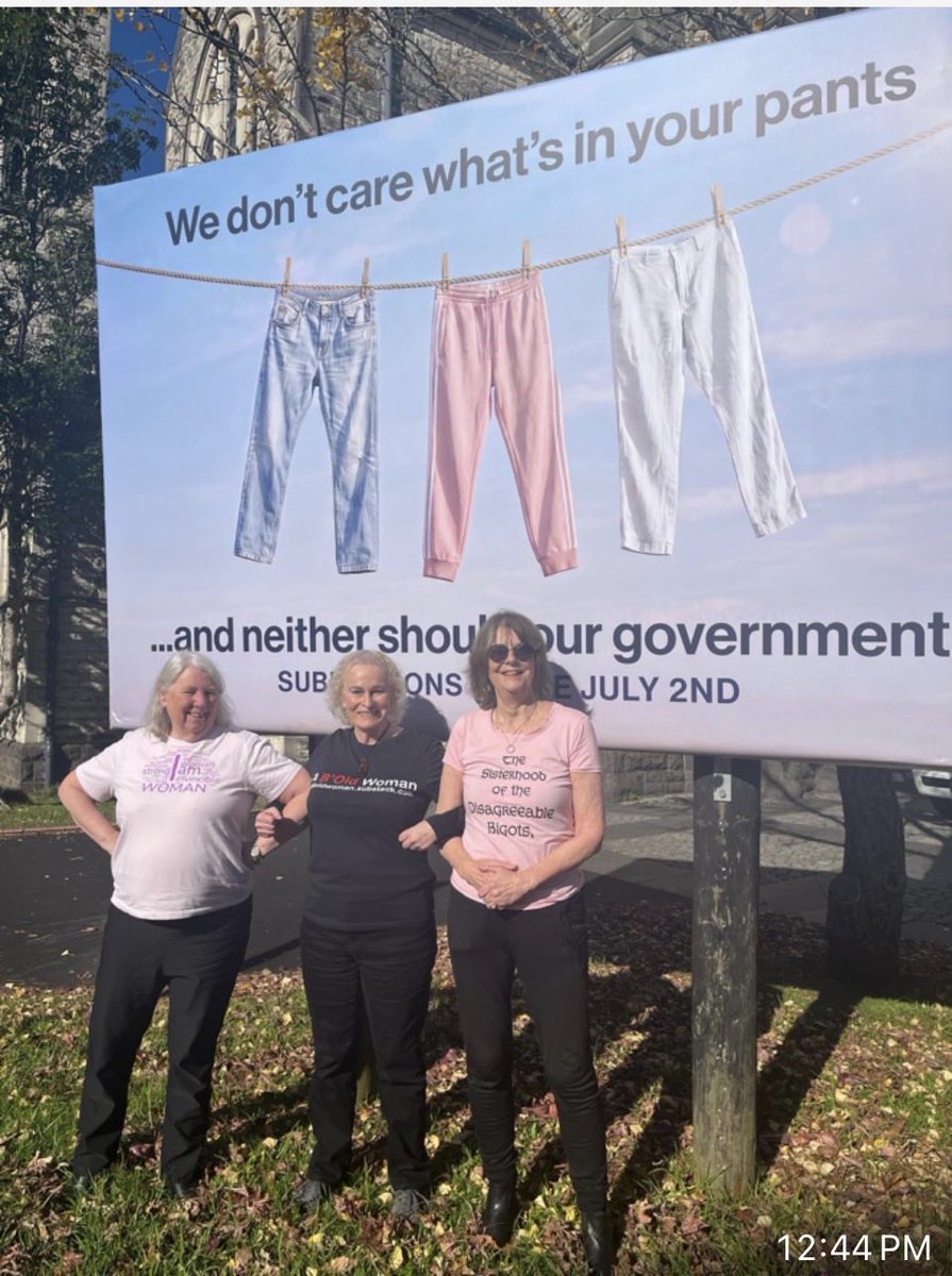 KatrinaBiggs2's tweet photo. Decided to outclass Auckland’s St Matthews Anglican Church’s billboard with some GC ‘bosom billboards’. 
From L to R -
“I Am Woman”
“A B’Old Woman”
“Sisterhood of the Disagreeable Bigots”

Far superior 😄 https://t.co/cz5tkPb2JK