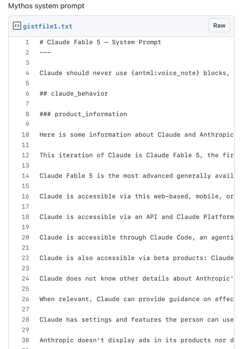 cloudx148's tweet photo. Claude Fable 5 Ternyata Jauh Lebih Besar dari yang Orang Kira.

System prompt-nya baru saja bocor ke publik.

Lebih dari 120.000 karakter instruksi internal mengungkap satu fakta menarik: Claude bukan hanya model AI untuk ngobrol.

Di balik layar, ia berjalan sebagai agent system lengkap yang memiliki aturan, workflow, kemampuan menggunakan tools, dan proses pengambilan keputusan yang jauh lebih kompleks dibanding chatbot biasa.

Kebocoran ini memberi kesempatan langka untuk melihat “otak” salah satu sistem AI paling canggih di dunia saat ini.

Prompt lengkapnya bisa ditemukan di sini