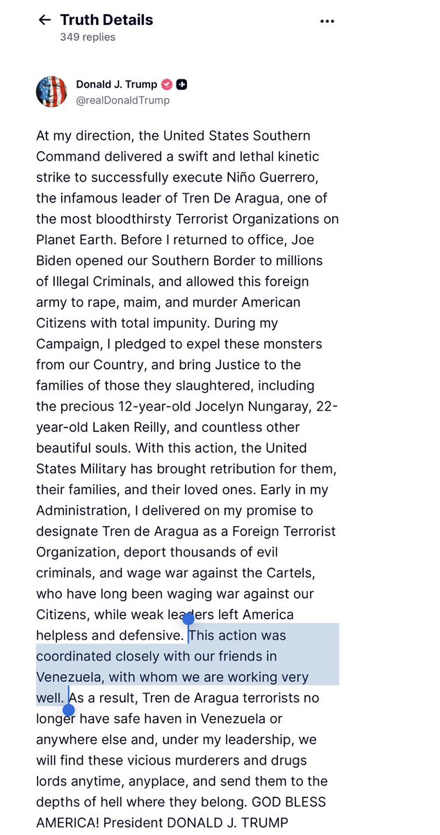 rgoodlaw's tweet photo. 1/ DOJ position on Alien Enemies Act seems to fall completely apart here:

POTUS: "This action was coordinated closely with our friends in Venezuela, with whom we are working very well."

DOJ position - and statute - requires TdA to be acting on behalf of Venezuelan government. https://t.co/HTuW2AqU6F