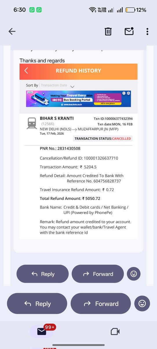 saurav99310's tweet photo. @canarabank  I was book my ticket 16/02/26 rs 5204.50 but I was cancel my ticket same day and my refund amount was 5050.72 but unfortunately my refund amount is not reflected in my canera bank account  till 4 month. https://t.co/YzLeKRXKLT