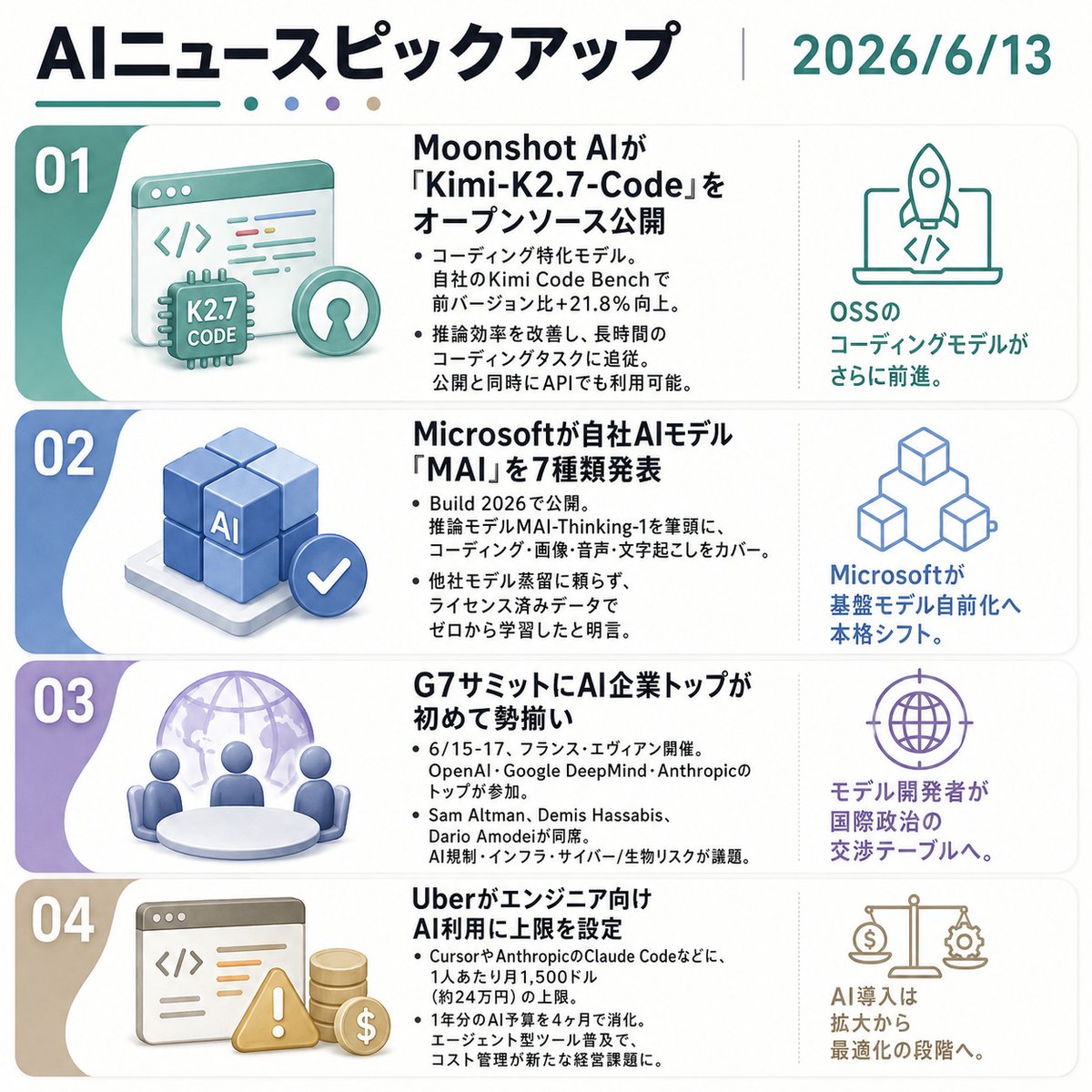 ryma_jp's tweet photo. AIニュースピックアップ ｜ 2026/6/13
---

Moonshot AIがコーディング特化モデル「Kimi-K2.7-Code」をオープンソースで公開した。

自社のKimi Code Benchで前バージョン比+21.8%の性能向上、推論を効率化して長時間のコーディングタスクへの追従も改善した。

公開と同時にAPIで使えるため、エージェントに組み込んでそのまま試せる。オープンソースのコーディングモデルがクローズドモデルを追う構図がさらに濃くなった。

---

Microsoftが自社開発のAIモデル「MAI」を、開発者会議Build 2026で7種類まとめて発表した。

推論モデルMAI-Thinking-1を筆頭に、コーディング・画像・音声・文字起こしまでをカバーする。すべて他社モデルからの蒸留に頼らず、ライセンス済みのデータでゼロから学習したと明言している点が大きい。

これまでOpenAIへの依存が目立ったMicrosoftが、基盤モデルを自前で揃える方向に舵を切った。

---

G7サミット（6/15-17、フランス・エヴィアン）にOpenAI・Google DeepMind・Anthropicのトップが揃って参加することが決まった。

Sam Altman、Demis Hassabis、Dario Amodeiの3名が参加確定で、3社のトップが同じ首脳会議に同席するのは初めて。

AI規制やインフラ、特にフロンティアモデルのサイバー・生物分野のリスクが議題になる。モデルを作る側が国際政治の交渉テーブルに直接座る段階に入った。

---

UberがエンジニアのAI利用に上限を設けた。CursorやAnthropicのClaude Codeなどのツールごとに、1人あたり月1,500ドル（約24万円）の上限を導入している。

きっかけは、1年分のAI予算をわずか4ヶ月で使い切ったこと。長時間動き続けるエージェント型のツールが増えた結果、使い方次第でコストが大きく膨らむようになった。

導入を広げるフェーズから、誰がどれだけ使うかを管理して最適化するフェーズへ移りつつある。社内でAIをどう配分するかが、新しい経営課題になってきた。