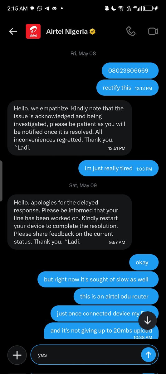 SLizzy49144's tweet photo. Imagine paying for Airtel Unlimited and getting Unlimited Disappointment.
My Airtel ODU has been unusable for 2 weeks. Reported the same issue last month, got promises, got no fix.Subscription expires on the 26th and I'm paying for internet I can't use.
Do better, @AirtelNigeria. https://t.co/UXRaK2FICB