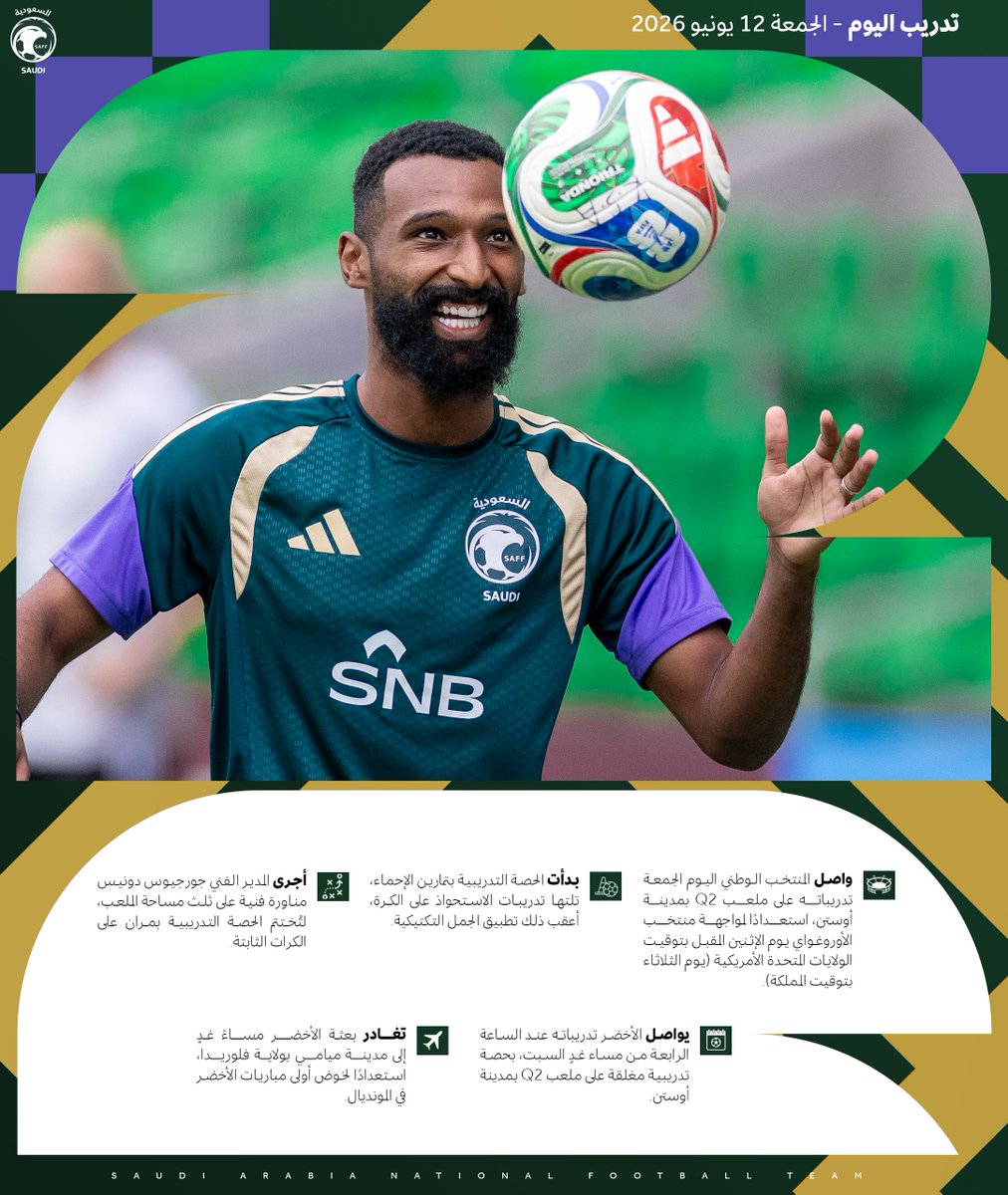 SaudiNT's tweet photo. الأخضر يواصل تدريباته في أوستن استعدادًا لمواجهة منتخب الأوروغواي ضمن كأس العالم 2026™. 🇸🇦🏆
#قدام_بنفس_الروح | #FIFAWorldCup https://t.co/f5vngPlMuX