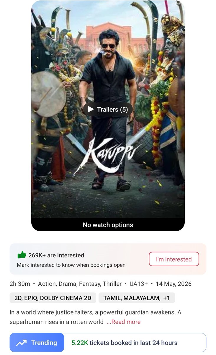 filmy_view's tweet photo. #Karuppu 
Tickets booked on BookMyShow 

Pre Sales- 75K 
1st Week- 2.85M
2nd Week- 1.10M
3rd Week- 374K
4th Week- 86K

5th Fri- 5.22K
————————
Total- 44,84,060 💥 https://t.co/S1hg4ISGyN
