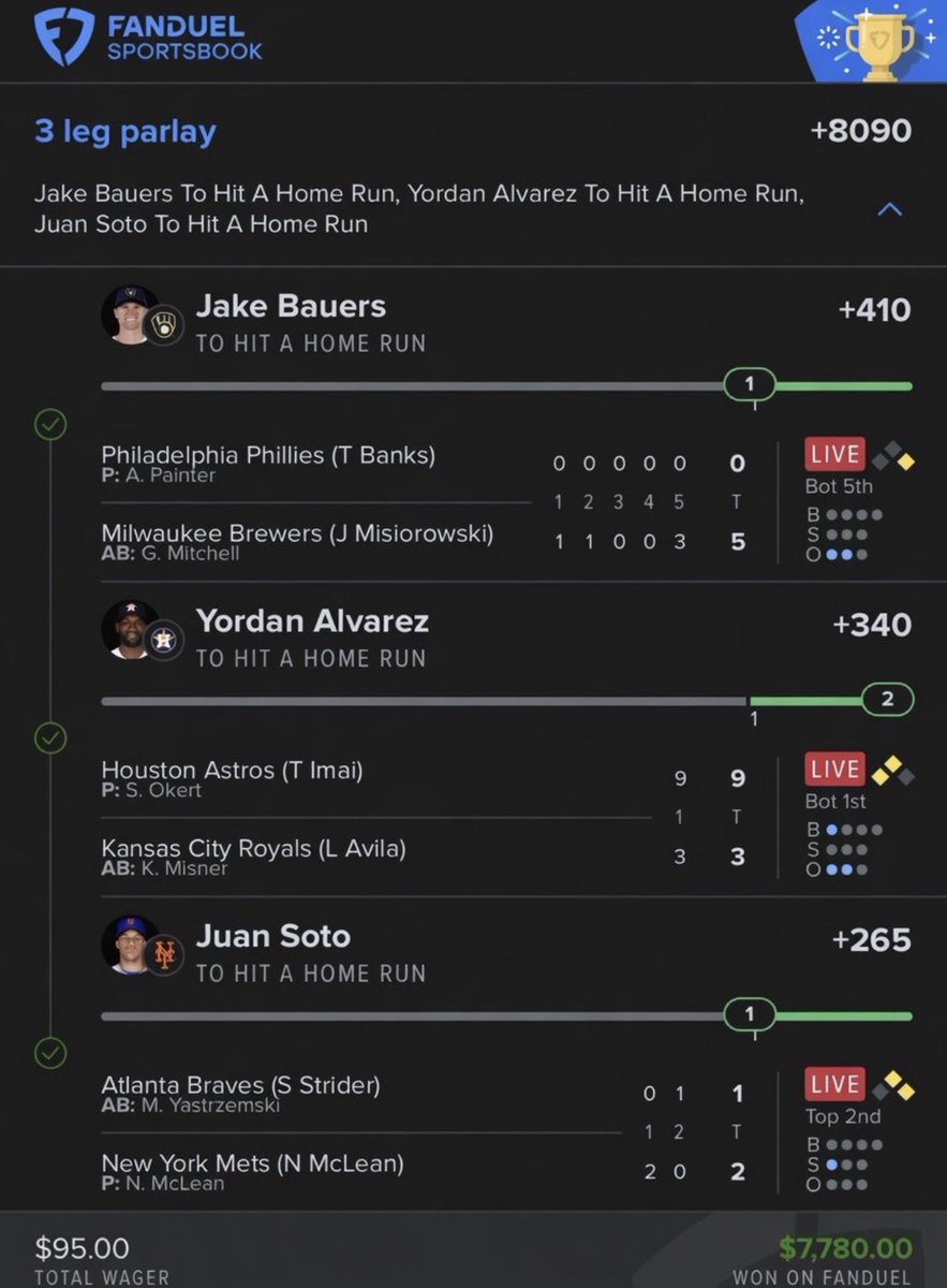 betlinepicks's tweet photo. 🚨 NUCLEAR CASH OUT ALERT 🚨

3 LEG HR PARLAY ABSOLUTELY DEMOLISHED THE BOOKS 💣💣💣

✅ Jake Bauers HR (+410)
✅ Yordan Alvarez HR (+340)
✅ Juan Soto HR (+265)

$95 ➡️ $7,780 💰🔥

That’s how you turn one swing into a payday. If you’re still sleeping on these HR nukes, you’re watching life-changing tickets fly over the fence every night.

Premium has been on an insane run lately 📈
Who’s ready for the next nuke? 🚀