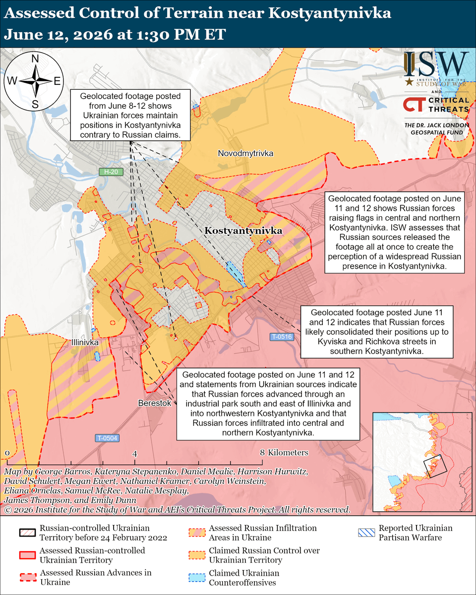 TheStudyofWar's tweet photo. NEW: Russian forces may launch an Oreshnik intermediate-range ballistic missile at Ukraine in the next 24 to 48 hours.

Other Key Takeaways:

Russian President Vladimir Putin continued to posture Russian military strength during Russia’s June 12 Russia Day holiday while also acknowledging some of the battlefield setbacks Russian forces have faced in recent months.

A Russian State Duma Deputy from the Communist Party criticized the Kremlin and the broader Russian war-waging strategy ahead of Russia Day, contradicting the Kremlin's narrative.

Russian sources released several pieces of footage showing Russian forces operating in Kostyantynivka as part of a deliberate cognitive warfare effort to exaggerate the Russian presence in the city. Russian forces continue to make tactical gains within Kostyantynivka and Ukraine’s ability to defend the southeastern sections of the city is deteriorating, however.

Russian forces continue making tactical gains in Kostyantynivka — Russia’s assessed main effort for the Spring-Summer 2026 offensive — and have likely consolidated some tactical positions within the city beyond infiltration. These gains have taken Russian forces a long time to achieve and have come at a great cost.

Russian forces will likely make tactical gains in Kostyantynivka in Summer 2026 but remain unlikely to achieve a rapid operational breakthrough against the Fortress Belt writ large.

Russia is building at least five long-range drone launch sites in western Russia close to the border with Belarus likely to support drone strikes against Ukraine, possibly by exploiting Belarusian airspace.

Ukrainian forces recently advanced in the Kostyantynivka-Druzhkivka tactical area and in the Oleksandrivka direction.

Ukrainian forces struck Russian oil infrastructure on the night of June 11 and 12. Russian forces launched 117 drones against Ukraine overnight.