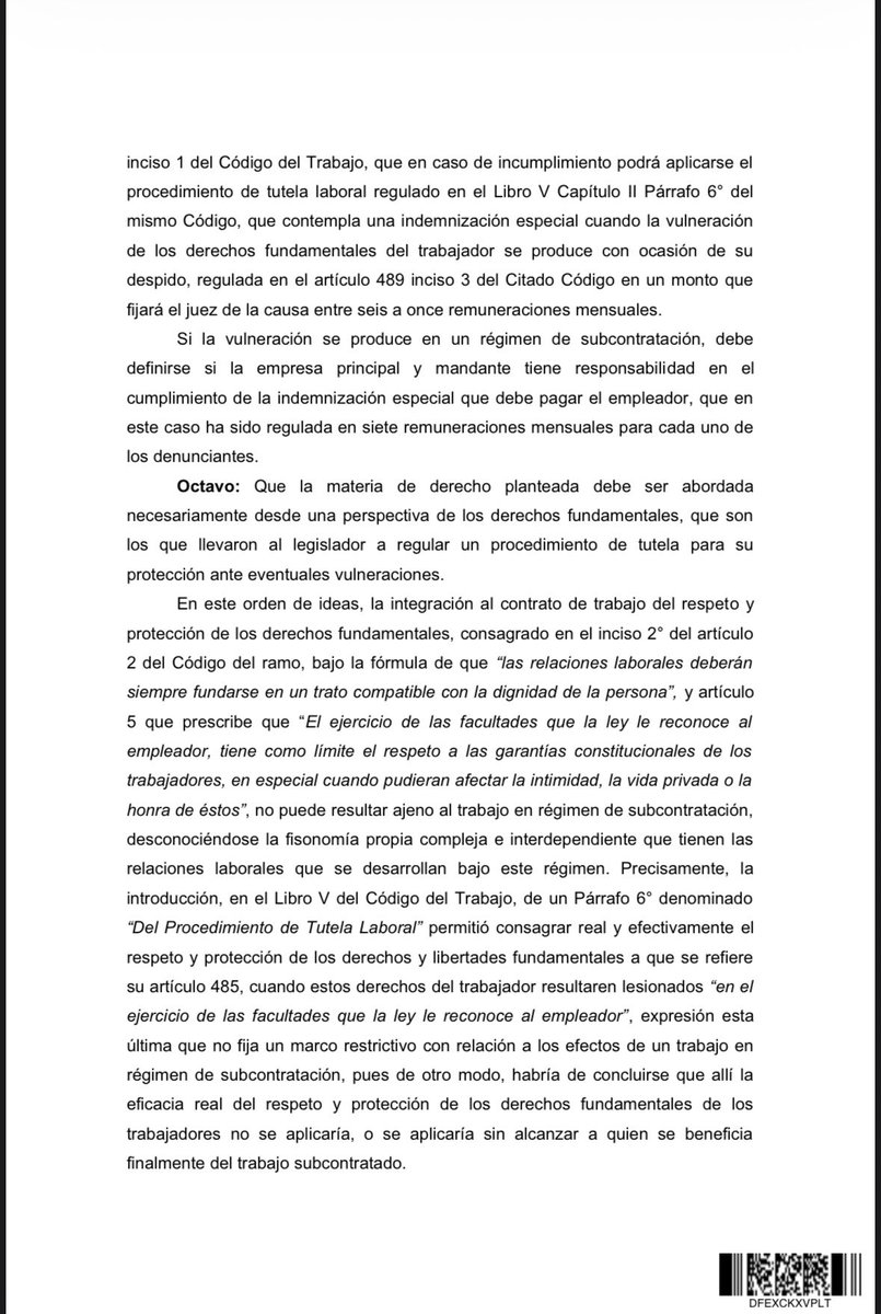 alvardominguez's tweet photo. Tutela y subcontratación. CS ROL N° 51.431-2024 | 11.06.2026. La empresa principal responde subsidiariamente por la indemnización especial del 489 del CT cuando el contratista despide vulnerando derechos fundamentales, pues es una obligación de dar amparada por el 183-B del CT https://t.co/OL53nlFVxT