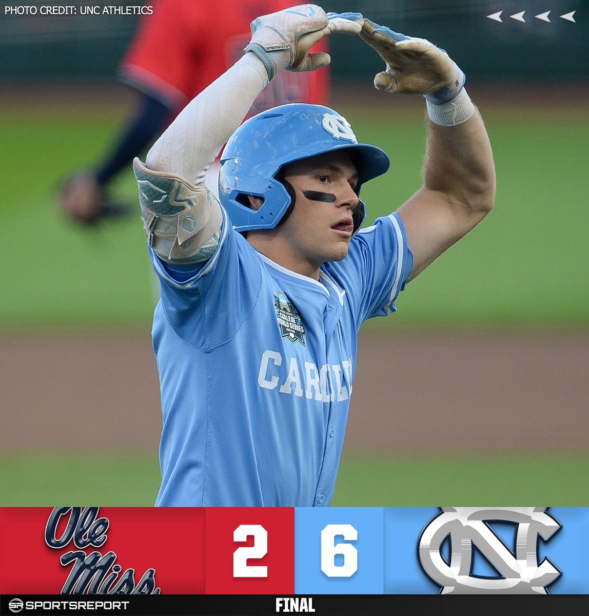 SRTarHeel's tweet photo. TAR HEELS WIN!!! 🩵⚾️🐏 

North Carolina opens the College World Series with a 6-2 win over Ole Miss and advances in the winners' bracket! 

One step closer to Omaha glory. 🔥🏆 https://t.co/bosg8EY9FY